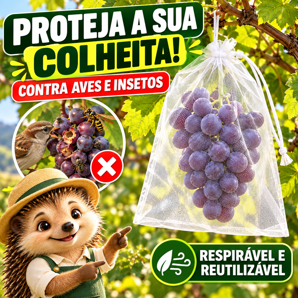 Pack de 50 Sacos de Rede para Frutas e Legumes — Proteja a Sua Colheita de Insetos e Pássaros