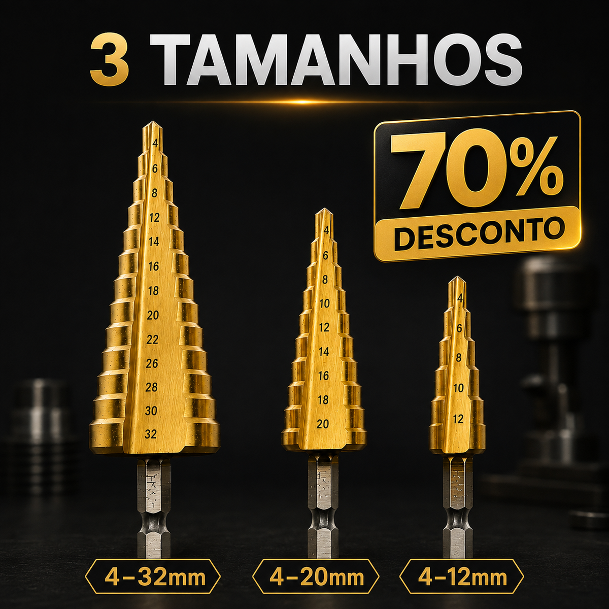 Kit de 3 Brocas Escalonadas Revestidas a Titânio – 4 a 32 mm
