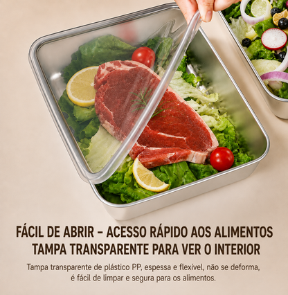 Recipiente hermético em aço inoxidável 304: mantém os alimentos frescos durante mais tempo, de forma segura e sem odores.