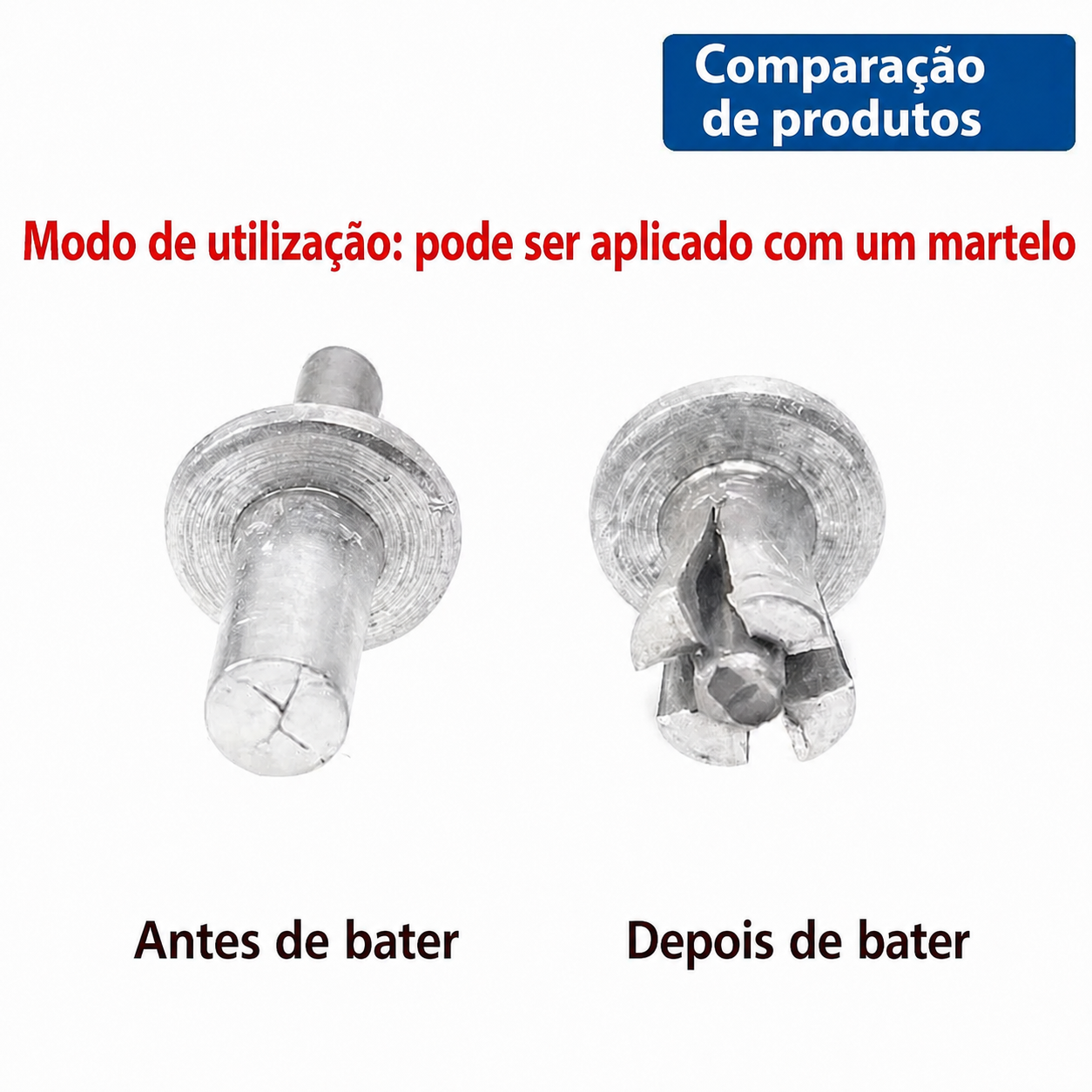 Comparação antes e depois da aplicação do rebite