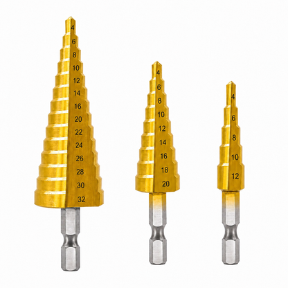 Kit de 3 Brocas Escalonadas Revestidas a Titânio – 4 a 32 mm