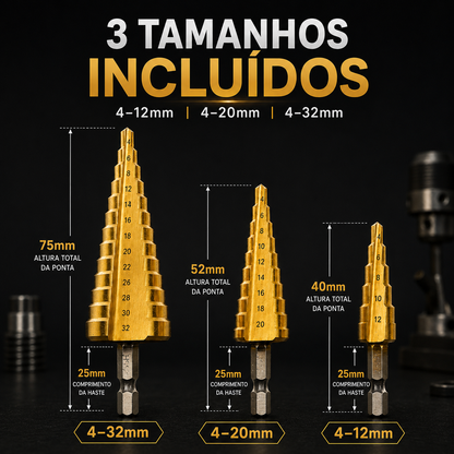 Kit de 3 Brocas Escalonadas Revestidas a Titânio – 4 a 32 mm