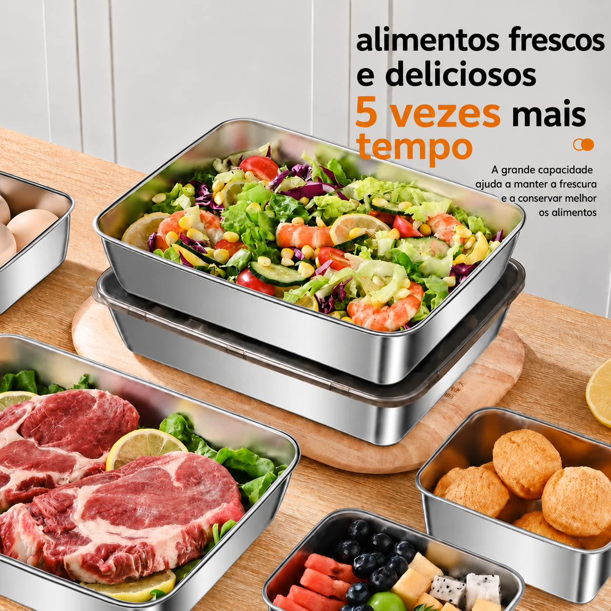 Recipiente hermético em aço inoxidável 304: mantém os alimentos frescos durante mais tempo, de forma segura e sem odores.