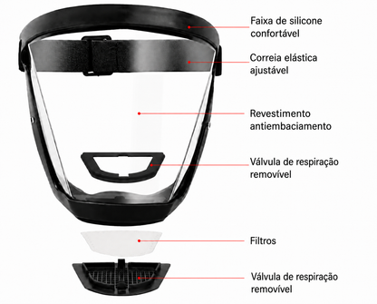 Viseira facial antiembaciamento, protege contra poeira, detritos e faíscas.