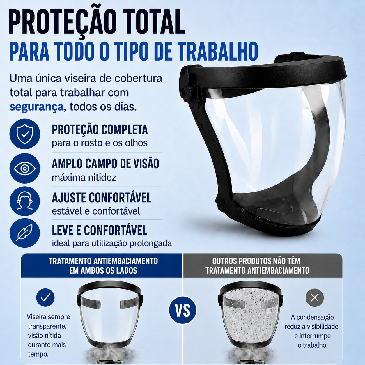 Viseira facial antiembaciamento, protege contra poeira, detritos e faíscas.