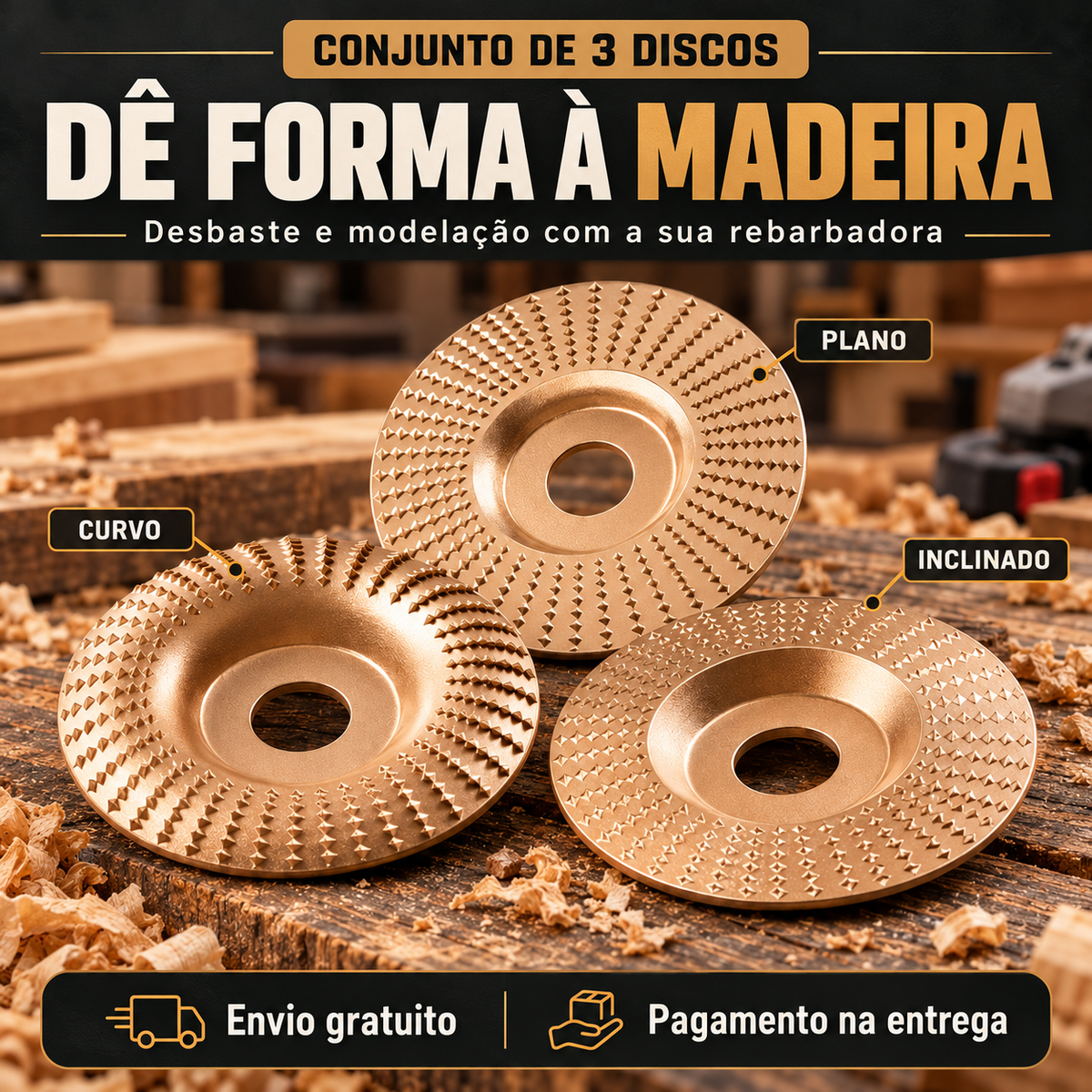 Conjunto de 3 Discos para Madeira – Desbaste Rápido e Modelação com Rebarbadora