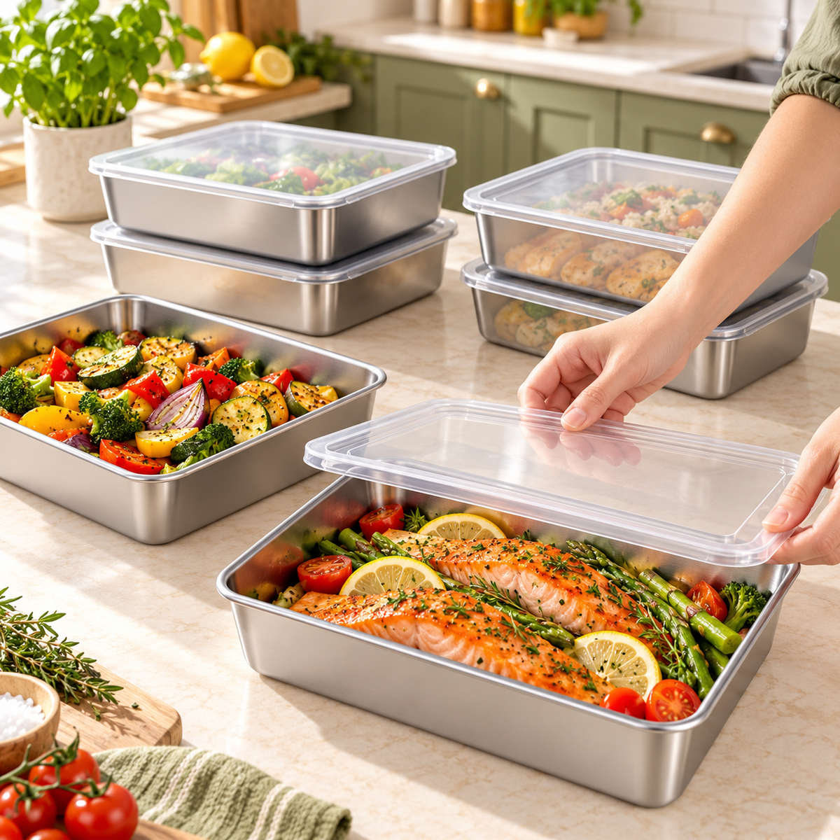 Caixas herméticas de inox 304 — o teu frigorífico mais arrumado e limpo (20×25×5 cm)