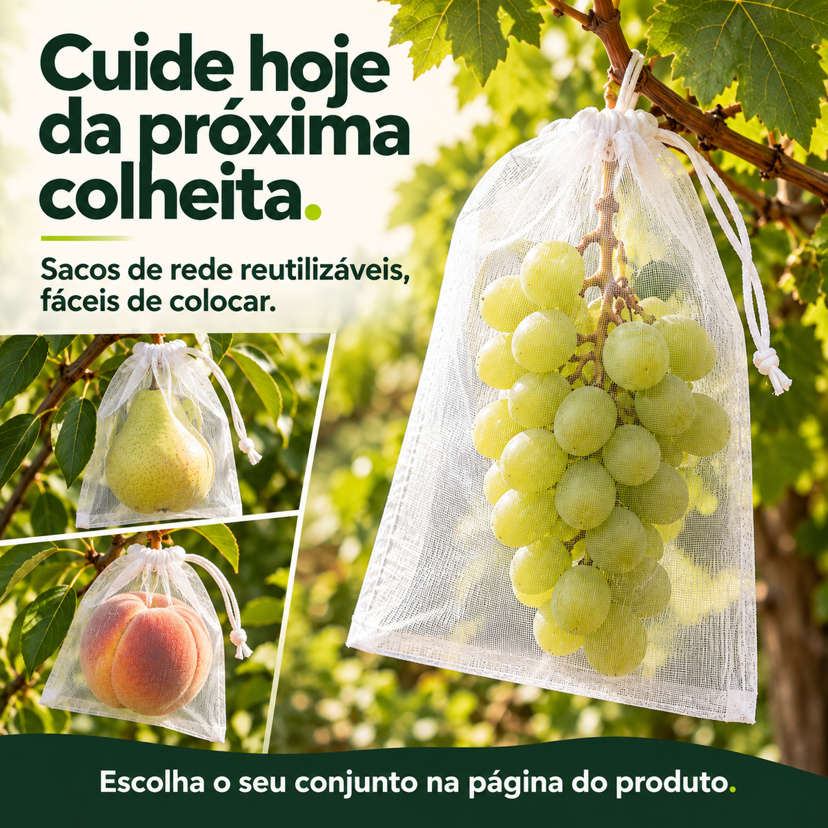 Sacos de Rede Respirável e Reutilizável para Proteger Fruta e Legumes – Proteção contra Insetos, Moscas da Fruta e Pássaros