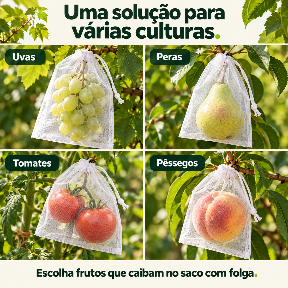 Sacos de Rede Respirável e Reutilizável para Proteger Fruta e Legumes – Proteção contra Insetos, Moscas da Fruta e Pássaros