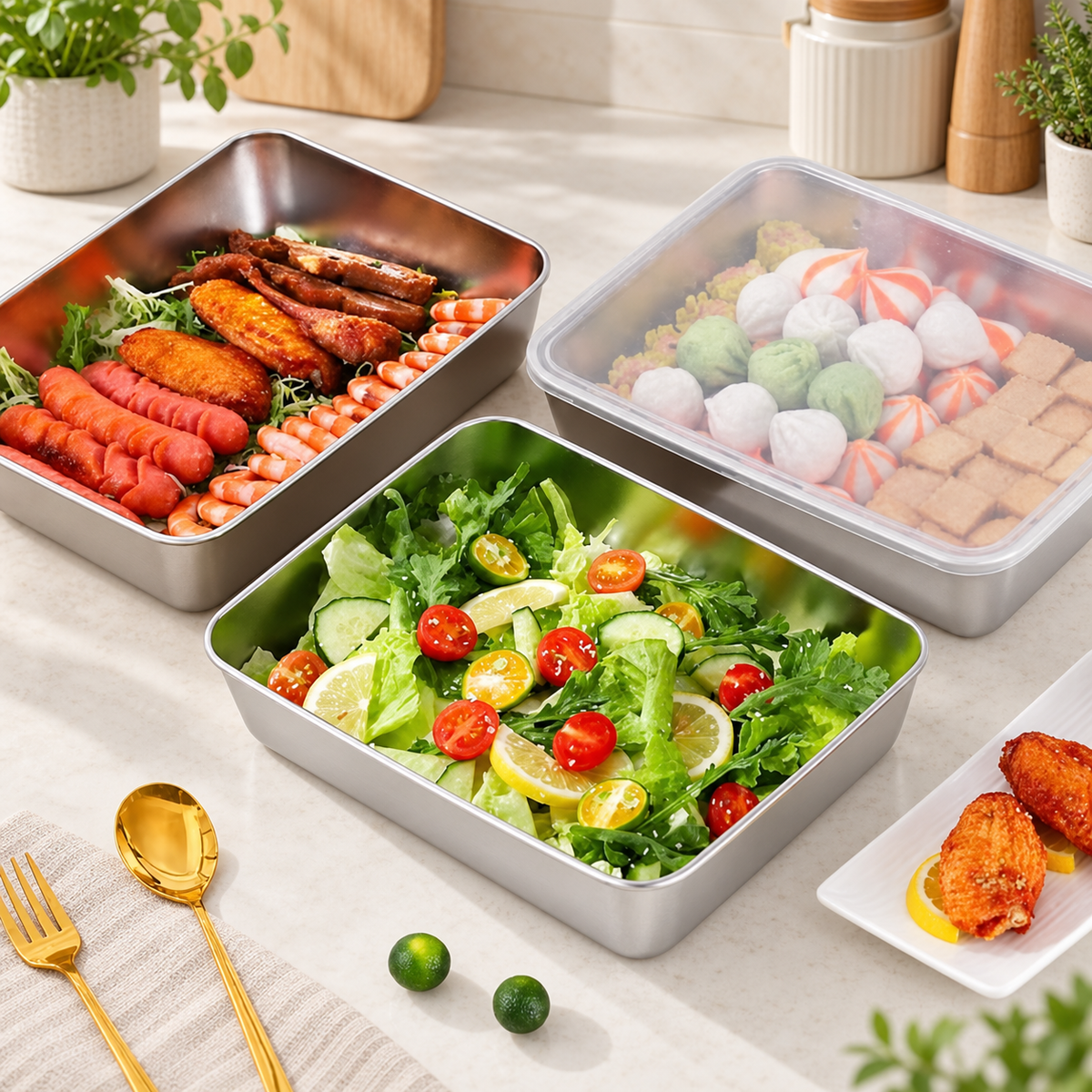 Recipientes em aço inoxidável SUS304 de 2400 ml | Alimentos frescos por mais tempo (25×20×5 cm)