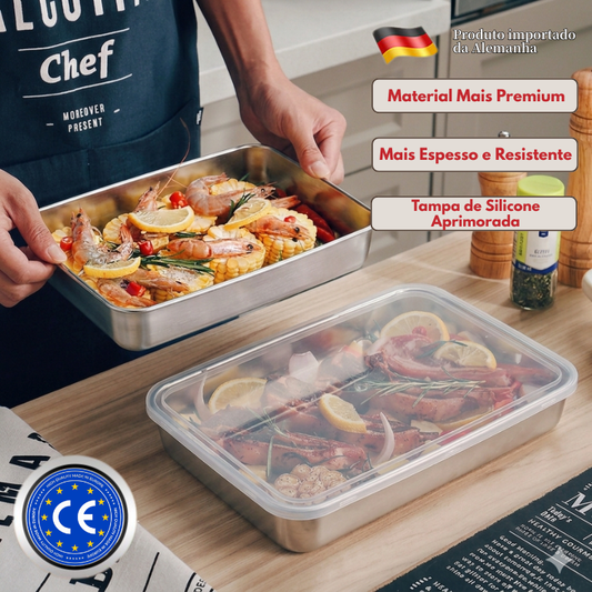[Versão Importada Nova 2026 ✨] Caixas de Aço Inoxidável SUS304 – Saudáveis, Premium e Compatíveis com Micro-ondas (25 x 20 x 6 cm)