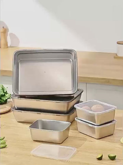 Caixa de armazenamento de alimentos SUS304, tabuleiro retangular em aço inoxidável com tampa de borracha, seguro para a saúde. (25cm*19,5cm*5cm)