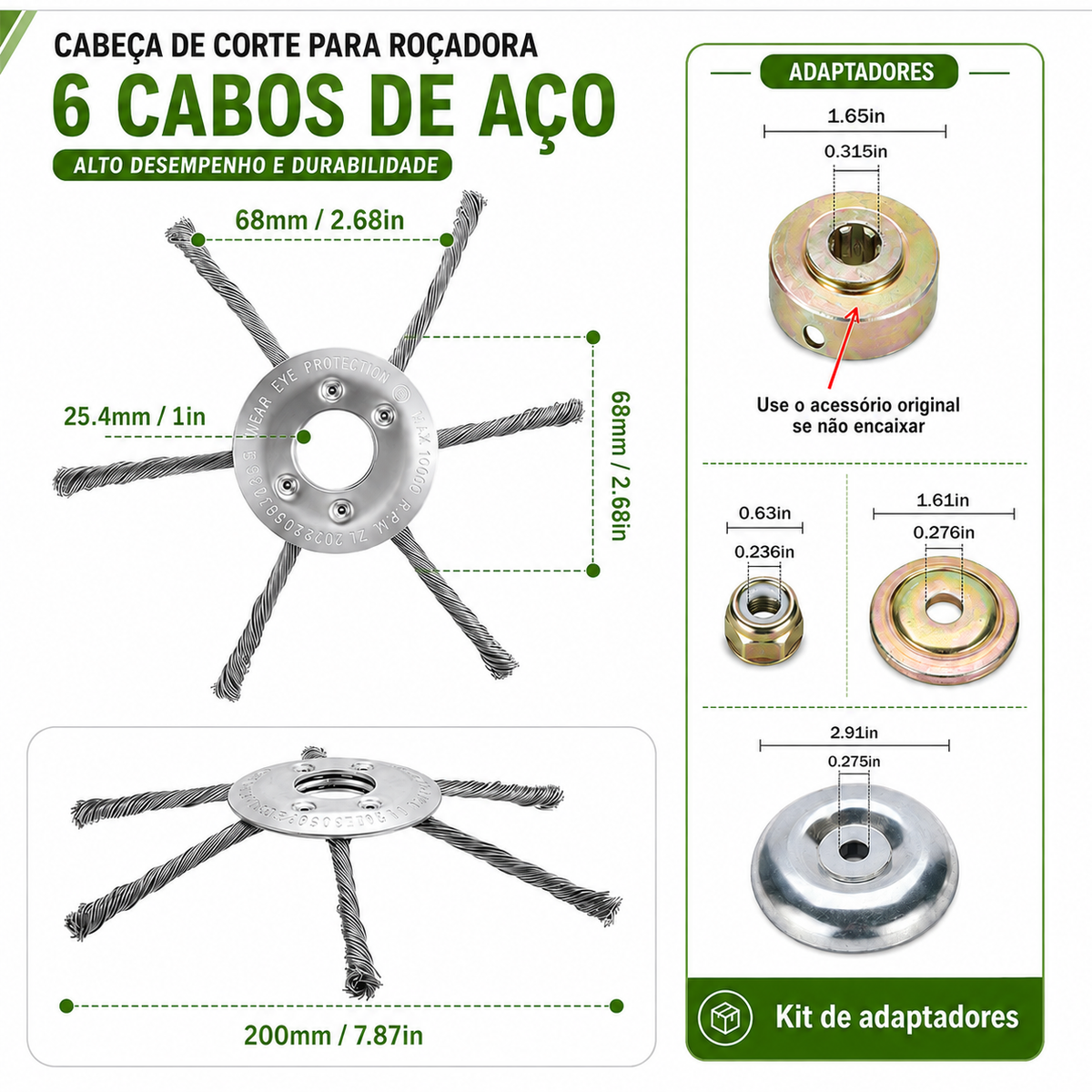 A cabeça do cortador tem 6 ramos tecidos com fio de aço resistente
