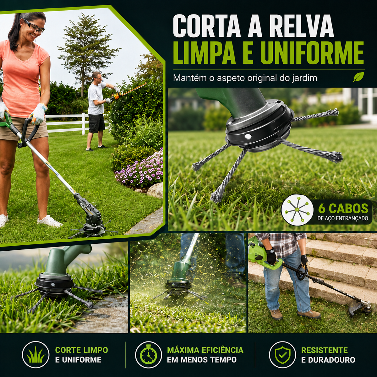 A cabeça do cortador tem 6 ramos tecidos com fio de aço resistente