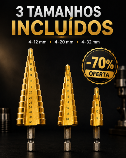 Kit de 3 Brocas Escalonadas Revestidas a Titânio – 4 a 32 mm