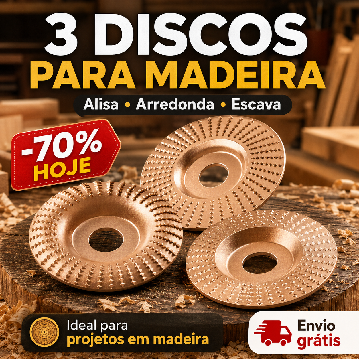 Conjunto de 3 Discos de Desbaste para Madeira – Plano, Curvo e Inclinado