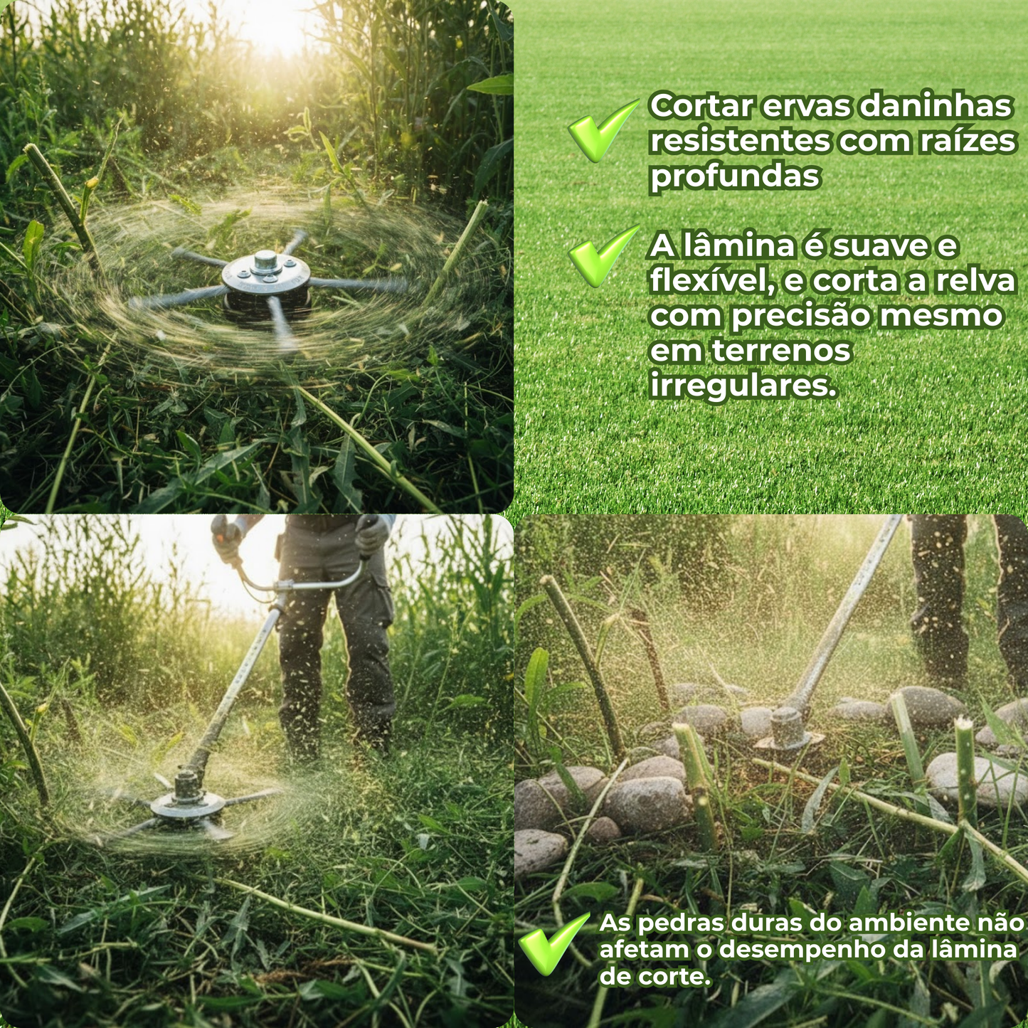 A cabeça do corta-relva tem 6 braços entrelaçados com arame de aço resistente.