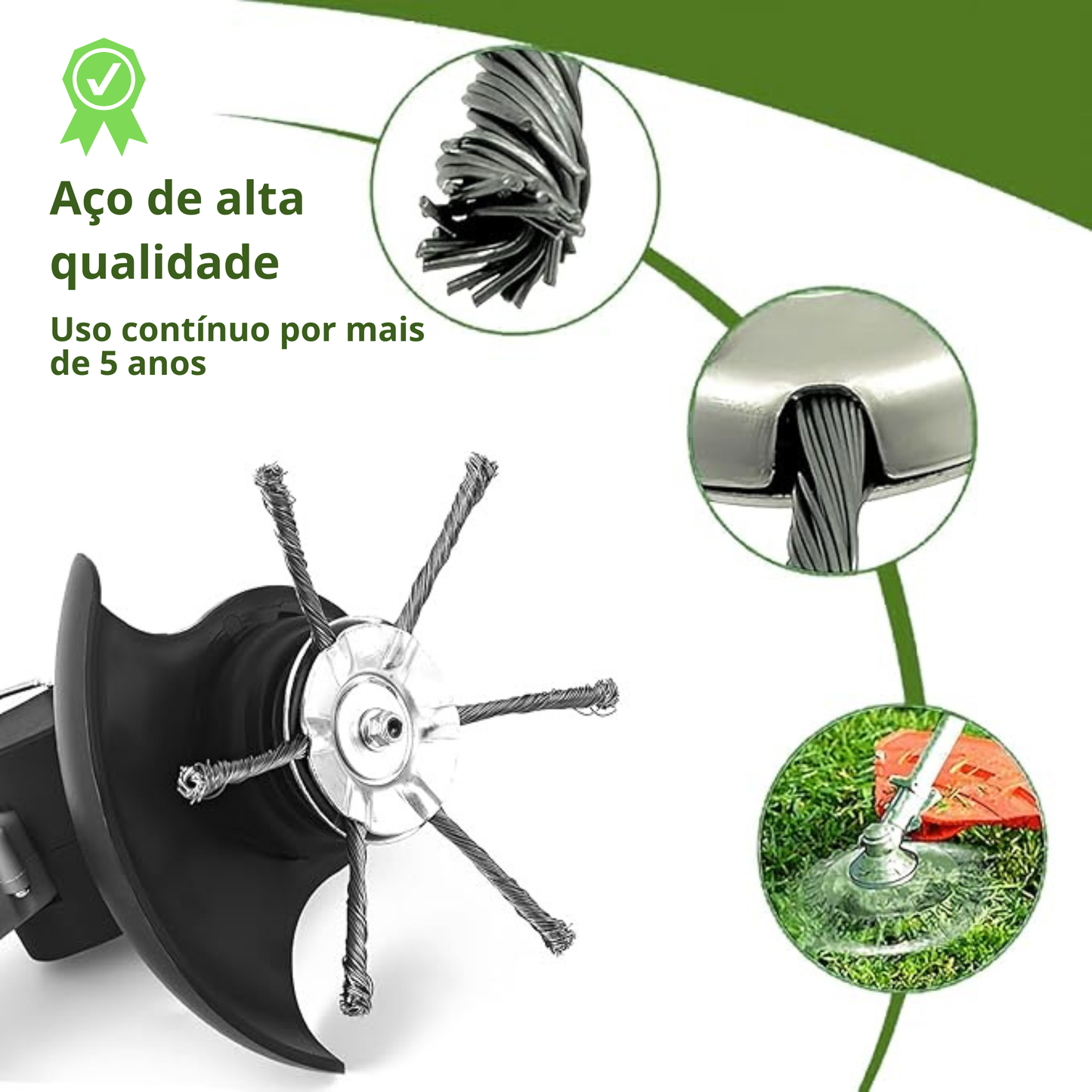 A cabeça do corta-relva tem 6 braços entrelaçados com arame de aço resistente.