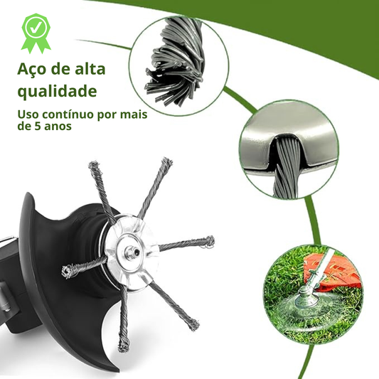 A cabeça do corta-relva tem 6 braços entrelaçados com arame de aço resistente.