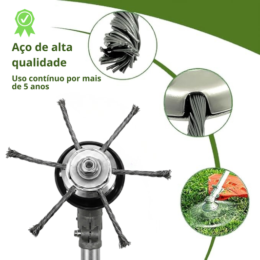 A cabeça do corta-relva tem 6 braços entrelaçados com arame de aço resistente.