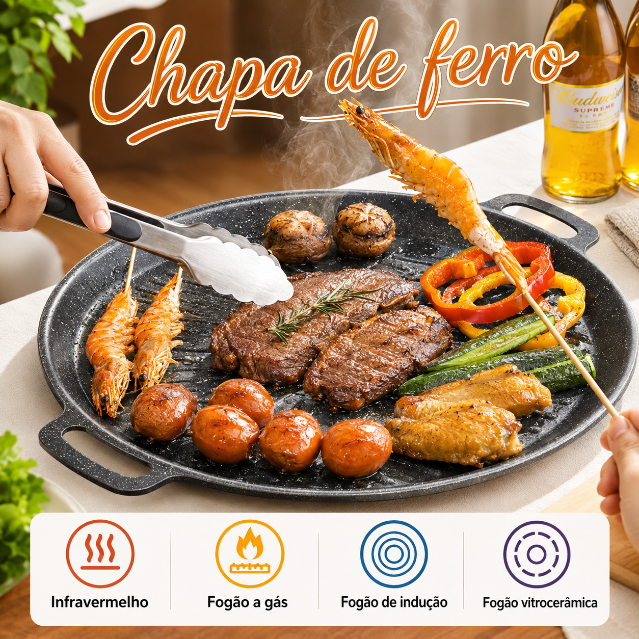 Frigideira grelhadora antiaderente com superfície estriada, compatível com gás, indução, elétrico e vitrocerâmica