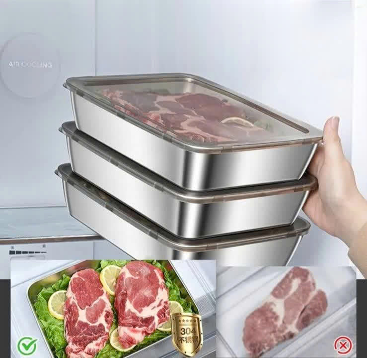 Caixa de armazenamento de alimentos SUS304, tabuleiro retangular em aço inoxidável com tampa de borracha, seguro para a saúde. (25cm*19,5cm*5cm)