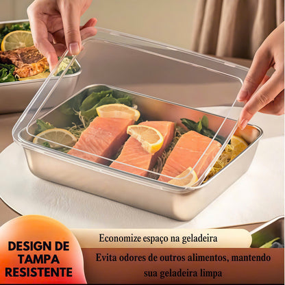 Recipiente para alimentos em aço inoxidável 304 com capacidade de 2500 ml – Solução segura e prática para armazenamento de alimentos (25 × 20 × 6 cm)