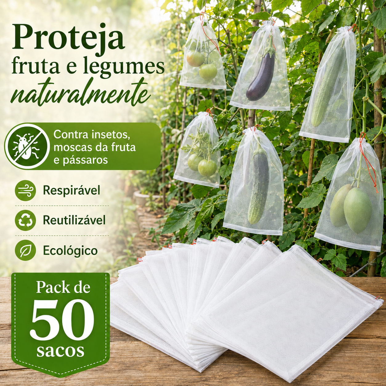 Sacos de Rede Respirável e Reutilizável para Proteger Fruta e Legumes – Proteção contra Insetos, Moscas da Fruta e Pássaros